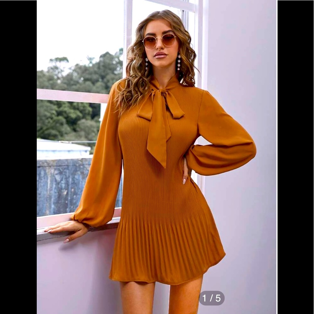 Tie neck lantern sleeve pleated dress